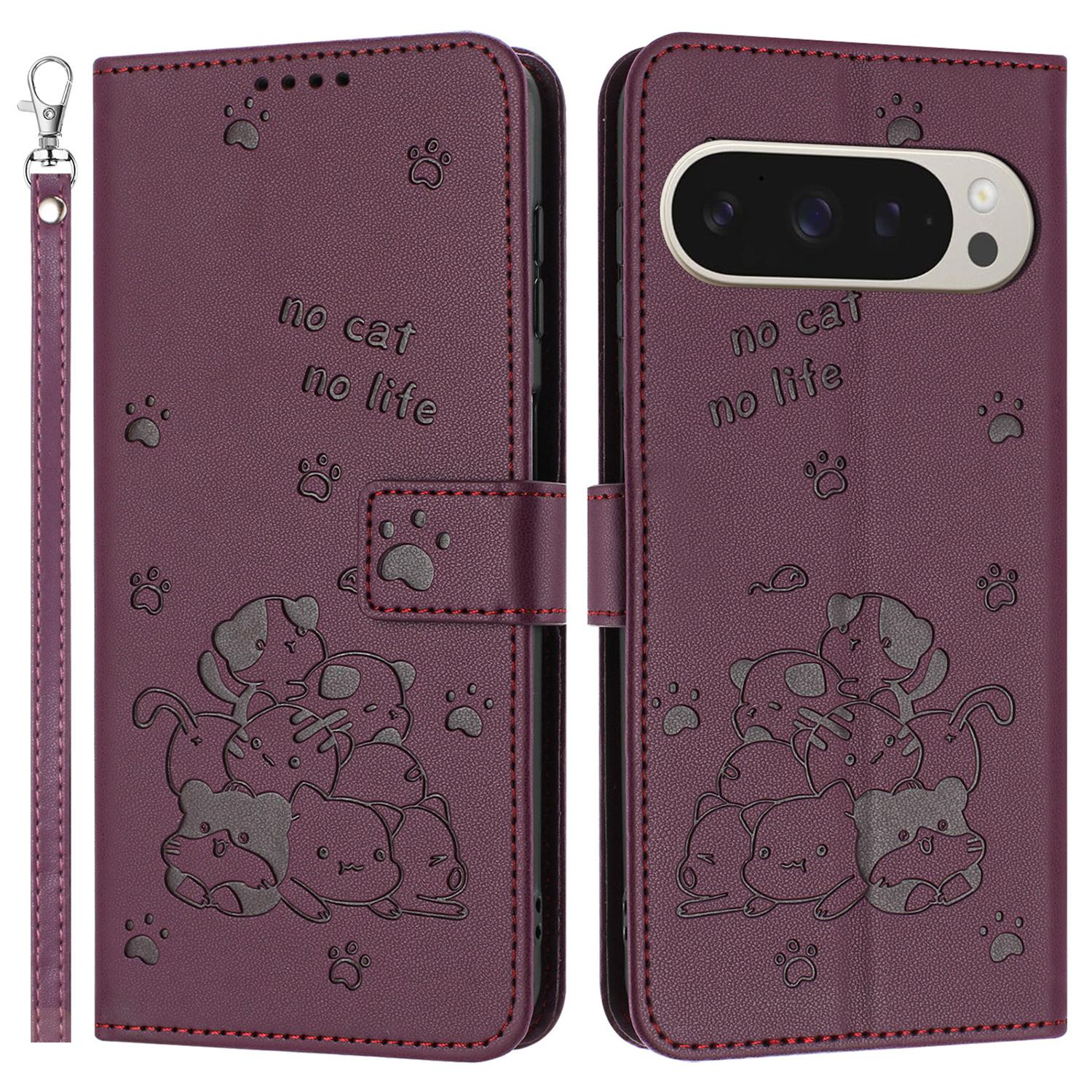 

For Google Pixel 10 Pro XL/9 Pro XL Case with Strap Cats Imprint Leather Wallet Phone Cover D