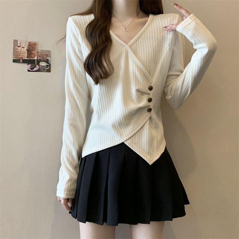 Women's Plus Size Ribbed Irregular Long Sleeve Top - Korean Style, Loose Fit, Slimming Base Layer for Autumn/Winter.