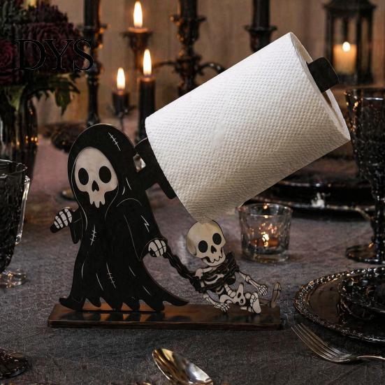 Skull Skeleton Ornament Halloween Wooden Napkin Holder, Ghost Pumpkin Cat Bat Tissue Dispenser, Waterproof Stand Tabletop Organizer Decor for