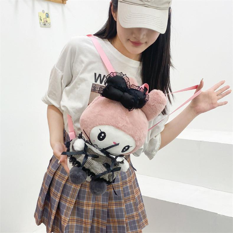 Cute Plush Cartoon Backpack For Girls Soft Material Zipper Closure Spacious Interior Black Pink