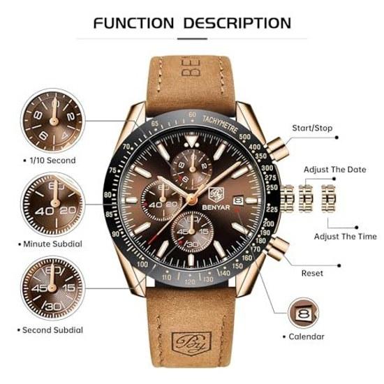 BENYAR Wristwatch Mens Watch Chronograph Analog 30M Waterproof Business Simple Stylish Popular Formal Leather Belt Quartz Gift Men