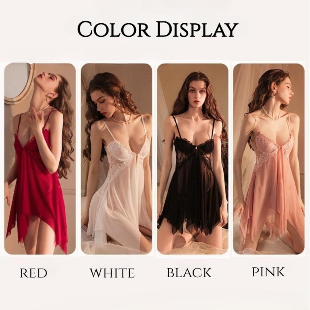 Women's Nightdress Sleepwear Lace with Panties Front Buttoned Steel Ring Mesh See-through Pajamas