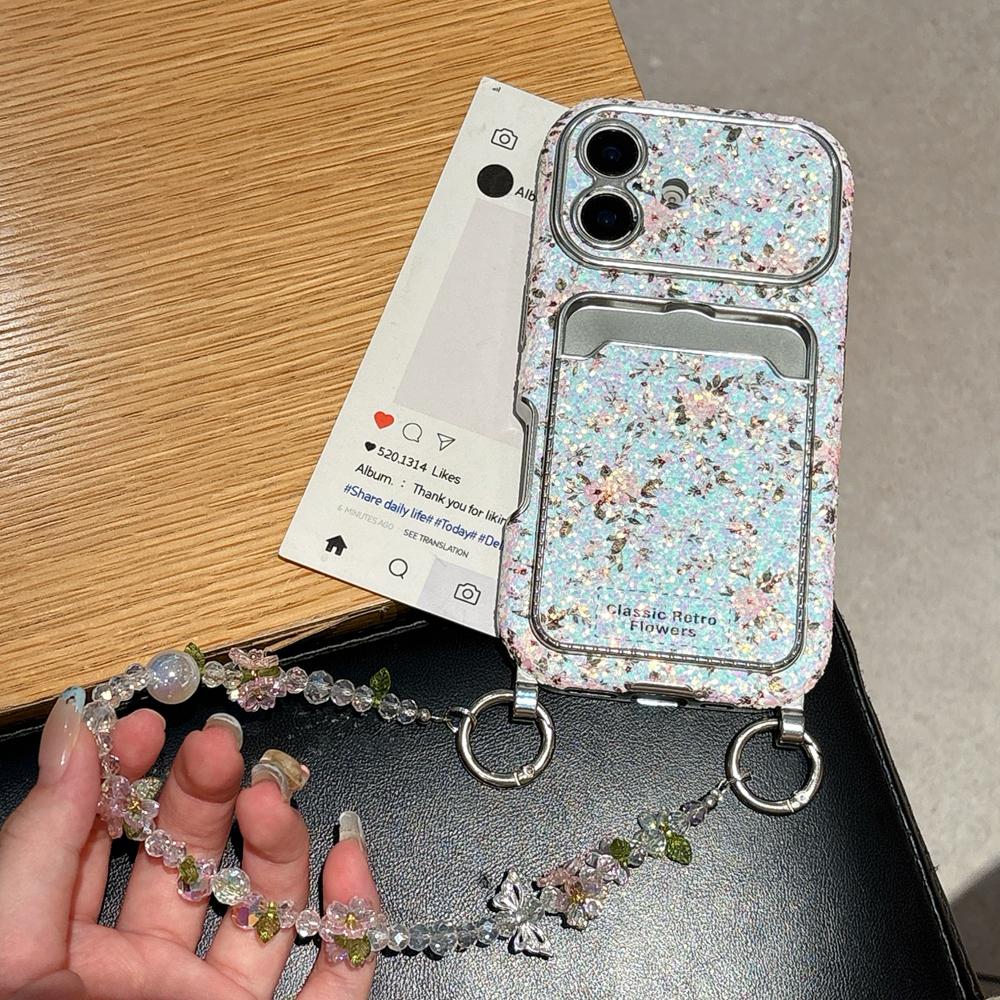 KEYSION Women Girl's Flower Phone Case for iPhone 14 15 16 17 Pro Max Card Holder Bag Shockproof Cover with Bead Bracelet Chain