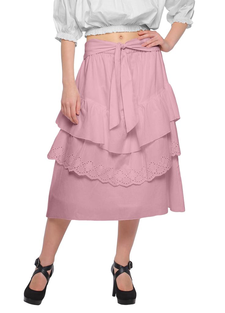 Moomaya Solid Cotton Skirts For Women Knee Length With Lace Belt Ruffle