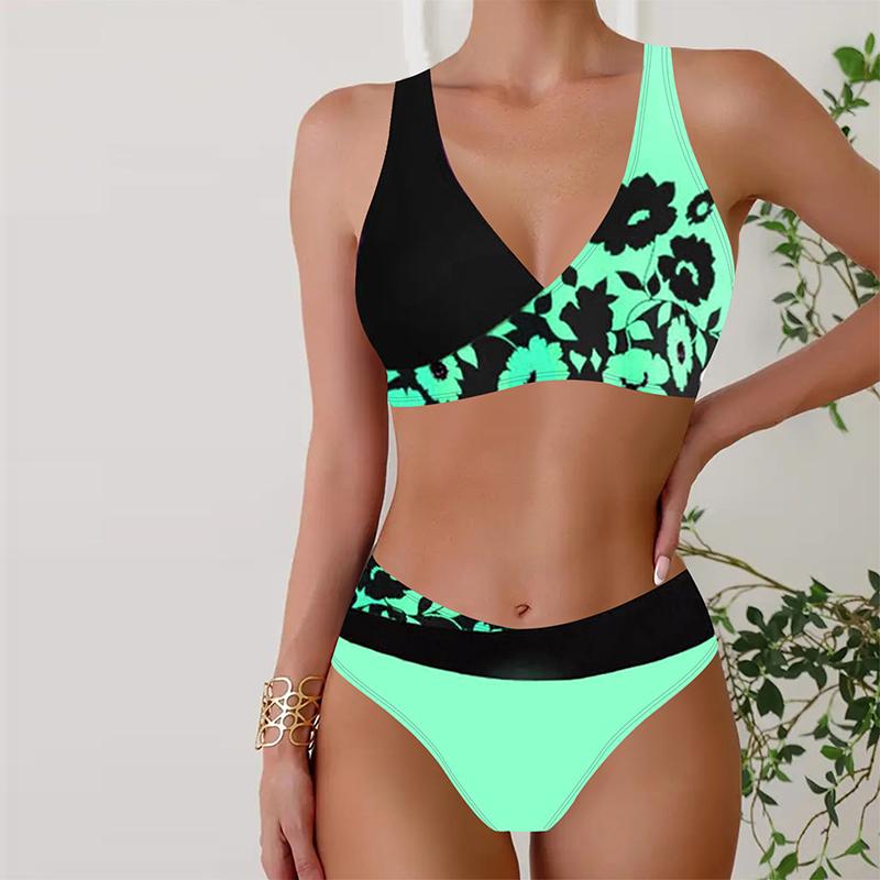 Damen Bademode Bikini 2-teiliger Badeanzug Rückenfrei Neckholder Strandbekleidung Gelb Blumen Print Badeanzüge Badeanzug mit Hängendem Hals