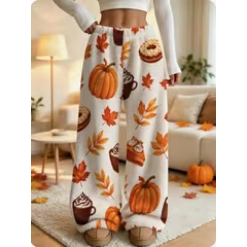 Single piece home wide-leg pajama pants, pumpkin maple leaf dessert autumn theme print, women's autumn and winter thickened and velvet warm home pants