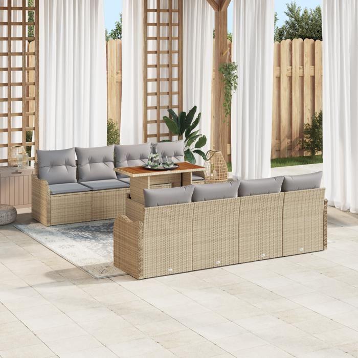 Ensemble de Canapé de Jardin 9 Pièces avec Coussins Beige Rotin PE Acacia, Canapé de Jardin 2 Places avec Coussins Beige 3349433