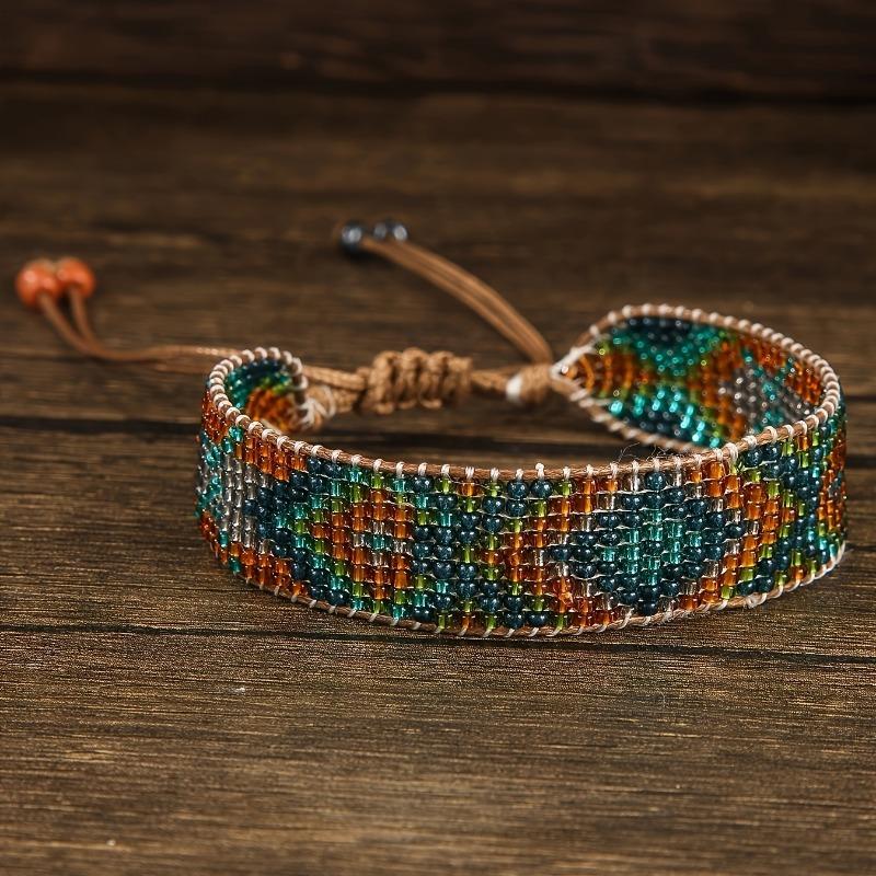 Vintage Bohemian Style Geometric Pattern Glass Seed Bead Handmade Woven Beaded Bracelet, Fashion Beaded Bracelet for Women
