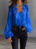 Damen Bluse mit muschelförmigem V-Ausschnitt, floraler Spitze, eingesetzten Puffärmeln, langen Ärmeln und Rüschenbündchen