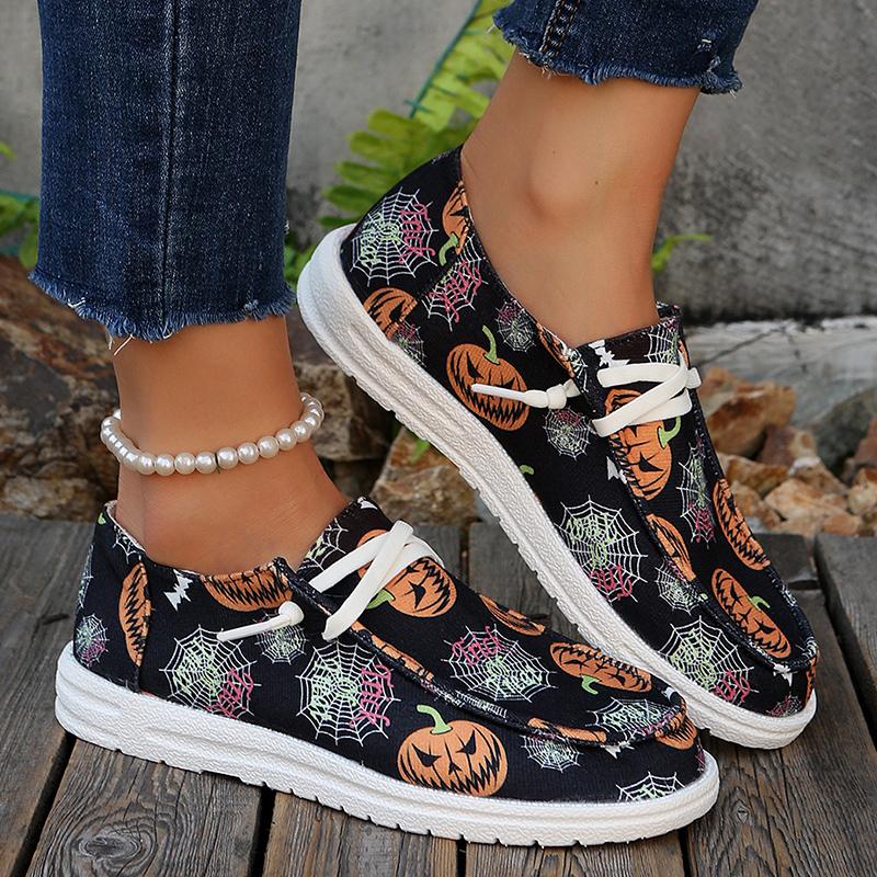 Fashion Women's Pumpkin Print Flat Loafers Lightweight Comfortable Lace Up Canvas Shoes Woman Halloween Style Soft Non Slip Casual Shoes