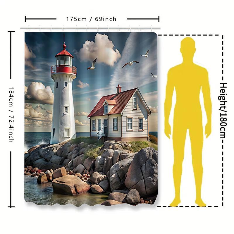 Lighthouse and House Shower Curtain - Coastal Scene Decor for Bathroom - Durable Waterproof Fabric with Vibrant Colors