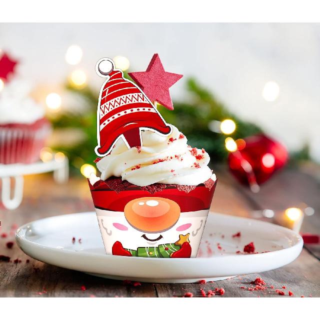 128 Pieces Christmas Cupcake Toppers Wrappers Party Supplies Favors - Snowman Santa Claus Reindeer Elf Gnome Gingerbread