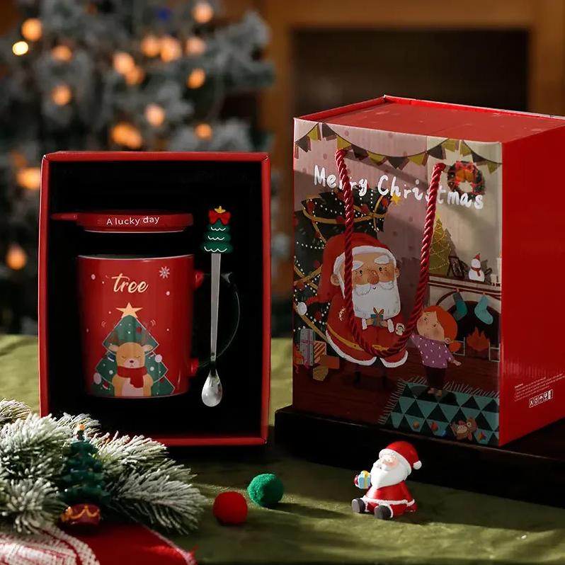 Festive Christmas Mug with Lid & Spoon Holiday Coffee Cup Cute Winter Snowman Tree Design Gift for Couples & Students