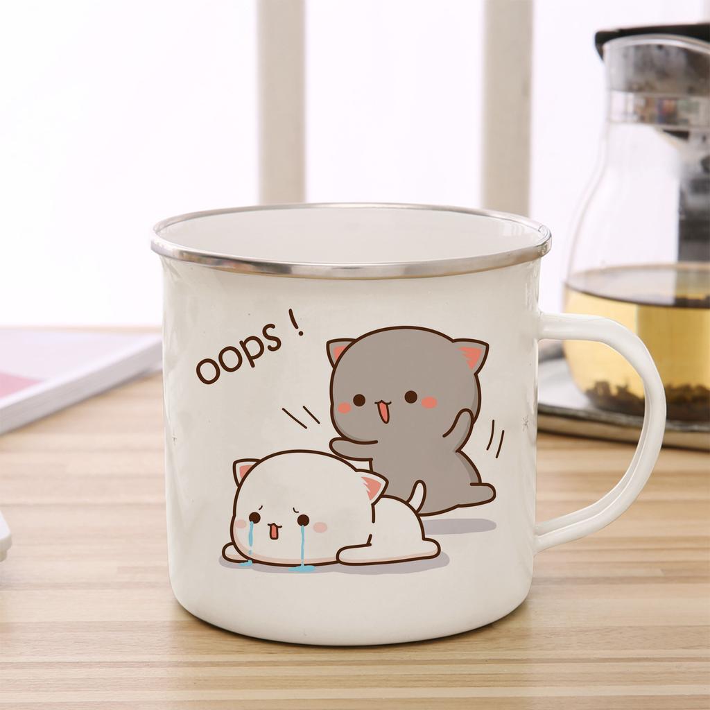 Peach and Goma Cat Enamel Coffee Tea Cup Cute Animal Breakfast Dessert Milk Water Cup Couple Gift