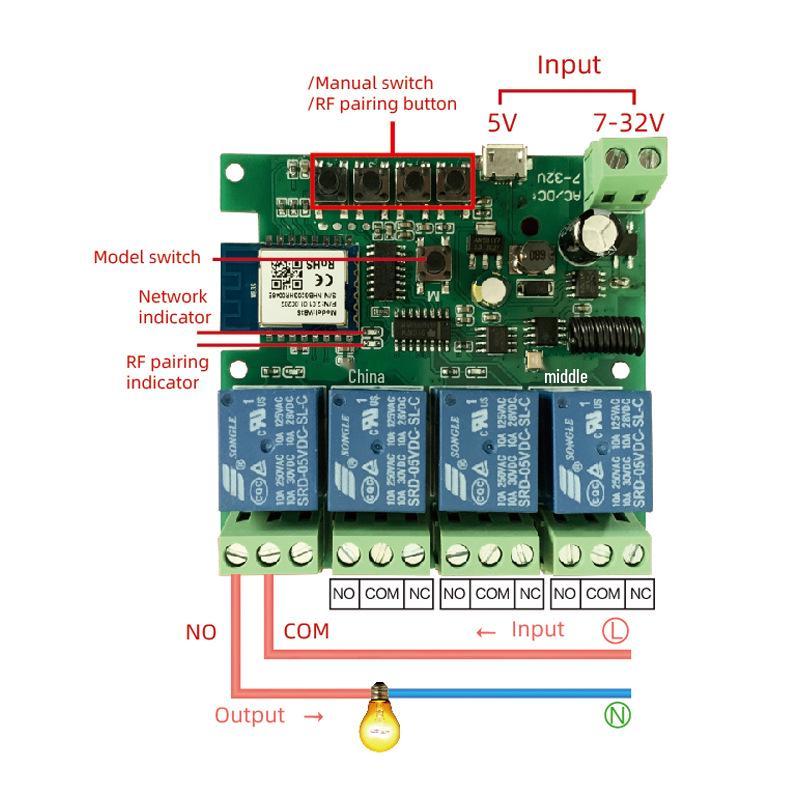 WiFi Smart Module Switch with Momentary & Interlock Remote Control, Voice-Controlled Four-Way Relay (7-32V/220V)