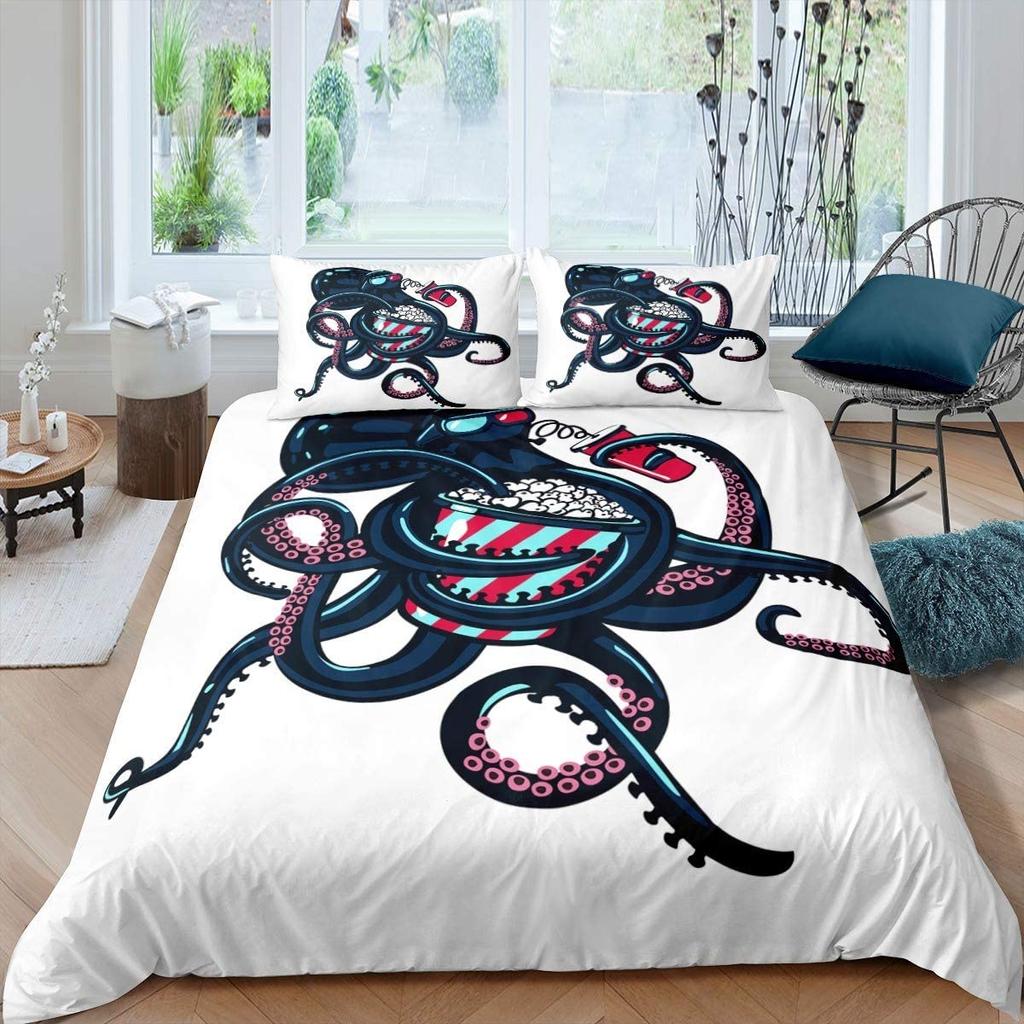 Oktopus Bettbezug-Set, Cartoon Oktopus Tentakel Polyester Bettdeckenbezug Einzelgröße, Meer Marine Bettwäsche-Set für Kind Jungen Mädchen