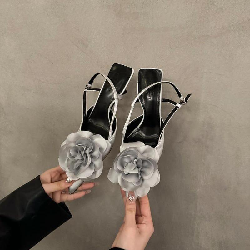 Design sense flower high heels French bag head sandals women's shoes 2025 new spring and summer temperament pointed single shoes