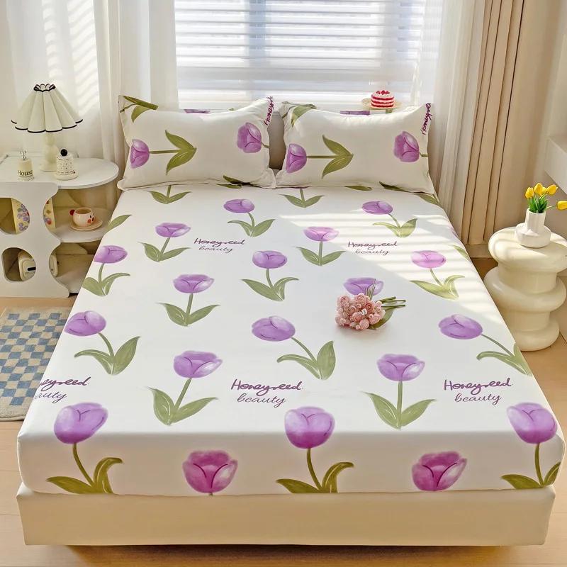 Pink Blooming Flowers Pattern Fitted Sheet Set 3Pcs Romantic Skin Friendly Comfortable Soft Mattress Cover with Elastic Band