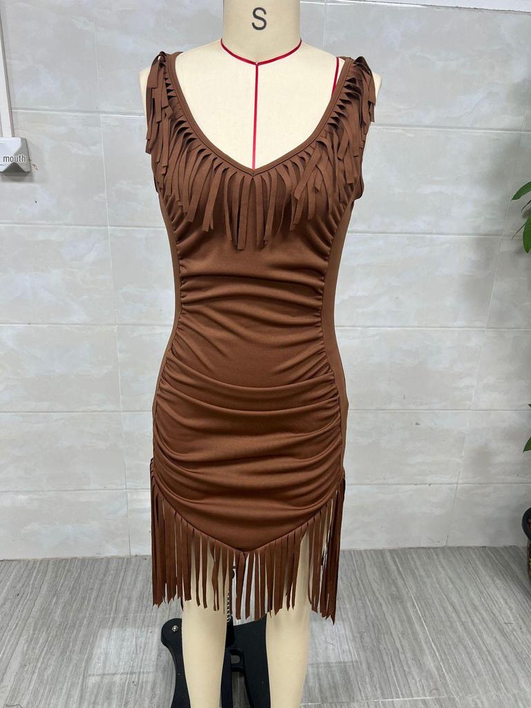 Retro Western Deep V Fringe Spaghetti Strap Slim Fit Dress