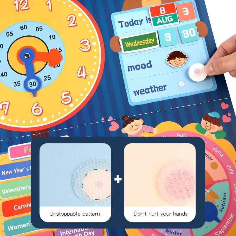 Kids Calendar Time Month Date Day Season Weather Busy Book Learning Chart Board Early Educational Toy for Boys Girls Home School