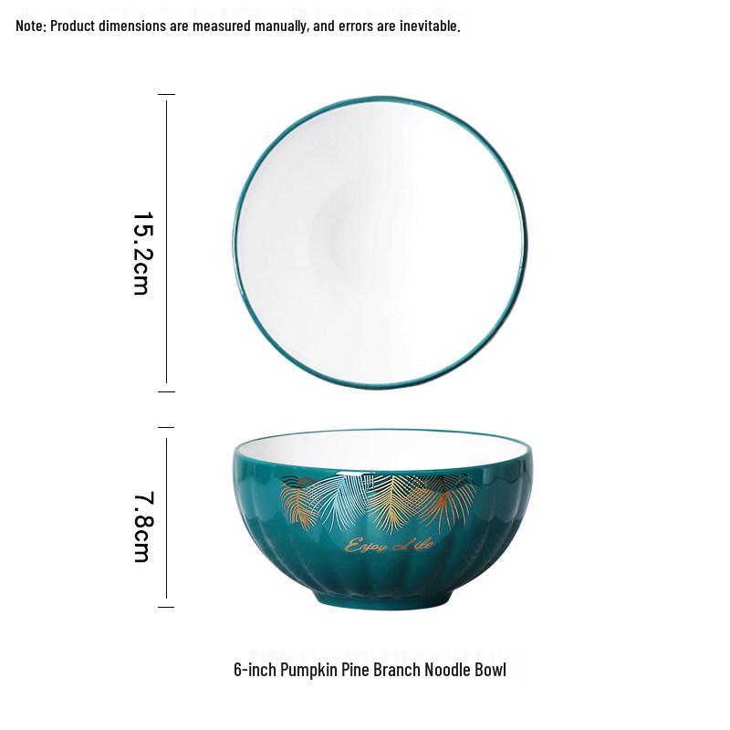 Peacock Green Pumpkin Tableware Set: Rice Bowl, Plate, Soup Bowl, Noodle Bowl, Fish Plate.