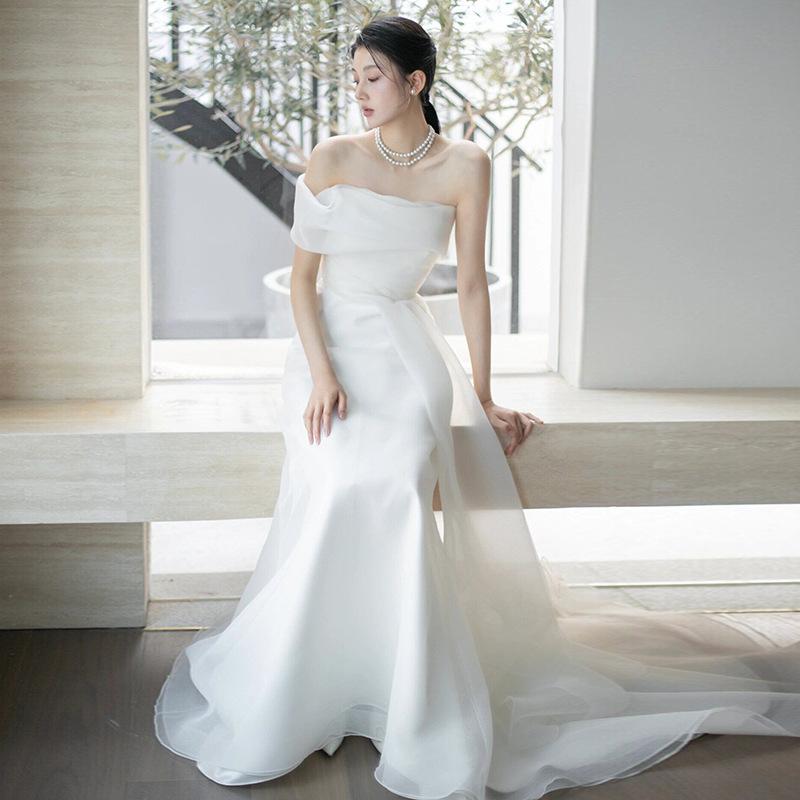 Rochie de mireasă franceză cu un singur cuvânt pe umăr, rochie de mireasă super fairy Mori door, rochie simplă cu temperament, rochie albă, rochie de recepție tip coadă de sirenă