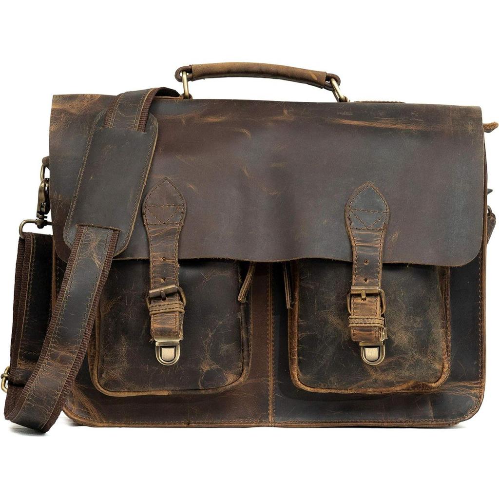 16" Inch Rustic Vintage Retro Buffalo Leather Laptop Messenger Briefcase Satchel Office Bag Men & Women (Distressed Tan)