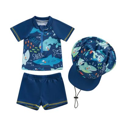 Bebek Çocuk Boys Rash Guard Set, Kısa Kollu Köpekbalığı Yunus Desenli Şort Şapkalı Üst Mayo Yaz Mayo