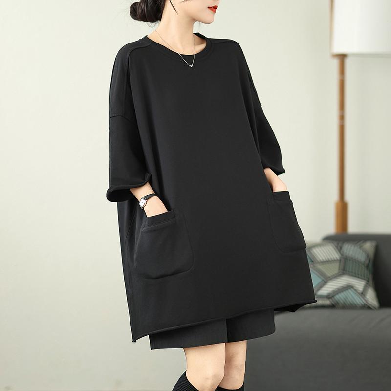 

DIMANAF 2025 Летняя футболка большого размера с карманом для женщин, однотонная, с коротким рукавом, свободная, белая, черная, повседневная One Size чёрный