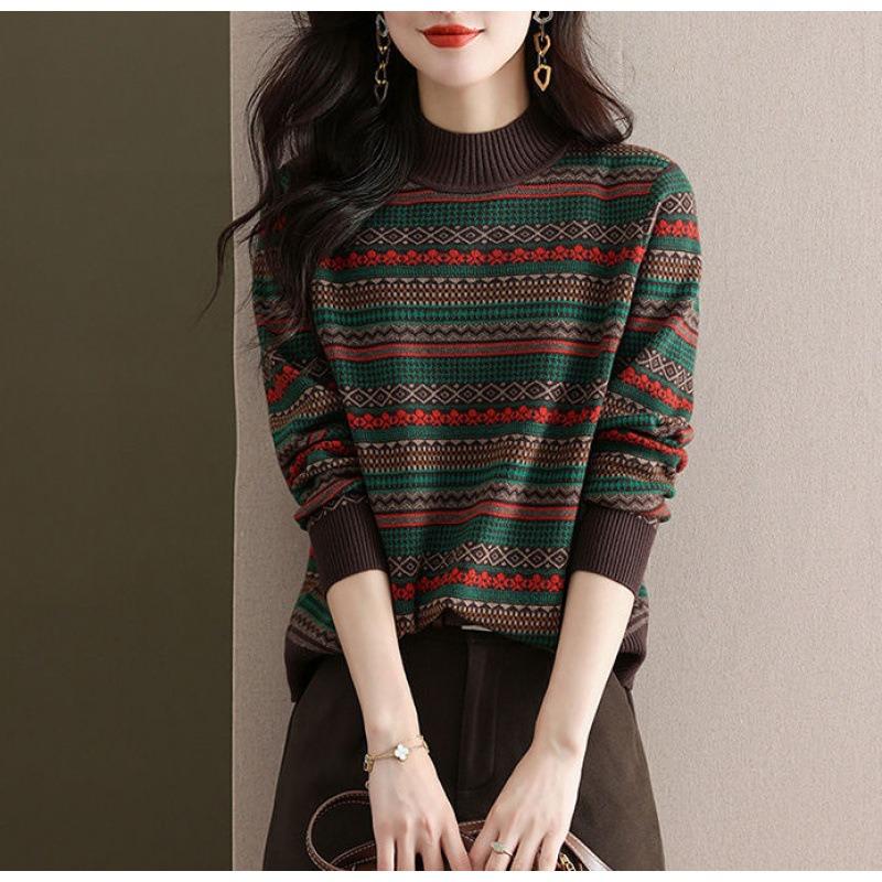 Retro Jacquard Pullover mit halbem Rollkragen Damen Herbst und Winter neu dick modisch gestreift locker gestricktes Unterhemd