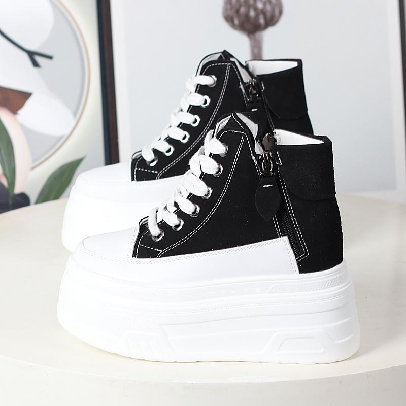 Fashion 12CM Suede Cow Genuine Leather Autumn Ankle Booties Moccasins Chimney Women Chunky Sneakers Boots Spring Fashion Shoes