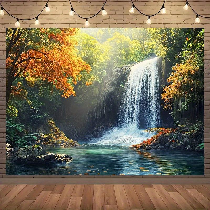 1pc Natural Landscape Background - Forest Waterfall Scenery and Green Trees Polyester Banners Party Decorations