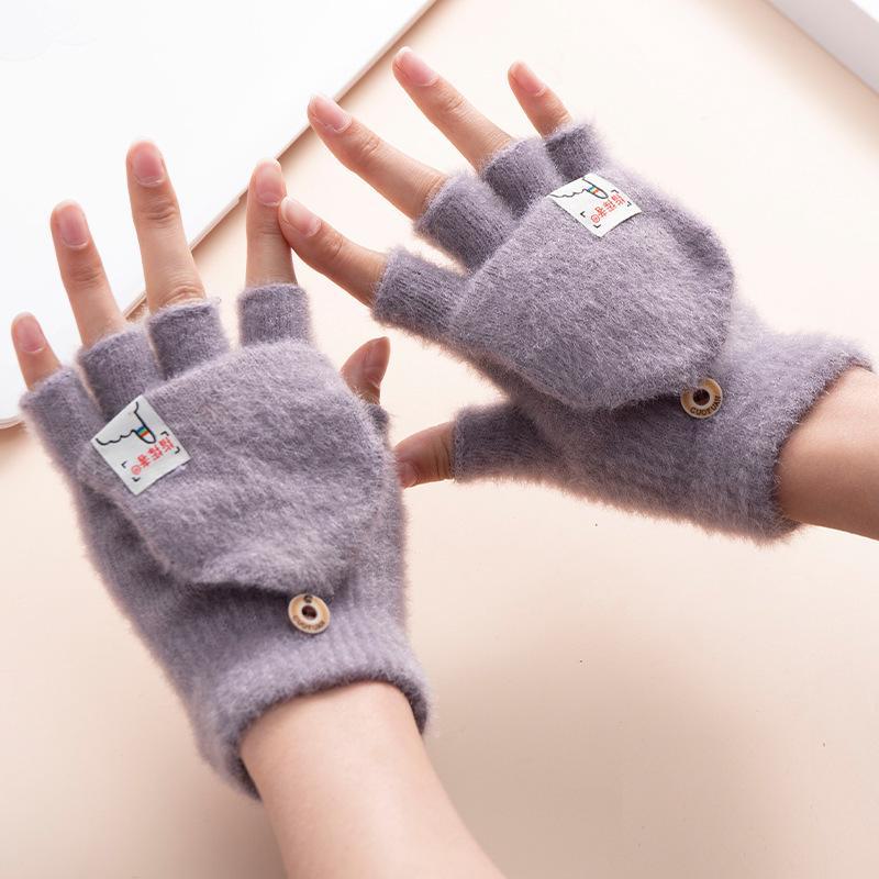 Guanti di Lana Antivento Spessi e Peluche Autunnali e Invernali con Copertura Ribaltabile a Mezzo Dito per Studenti
