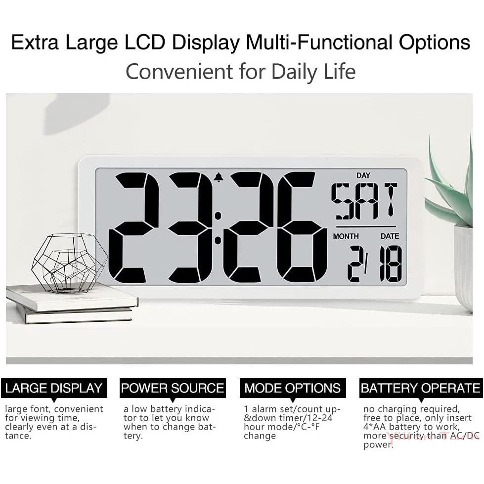 12/24H Desktop Day Electronic Alarm Clock Large Digital Wall Clock Battery Operated Alarm Clock Living Room Office Decor