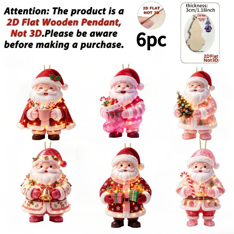 6/8 Pcs Vintage Wooden Santa Claus 2D Flat Christmas Tree Decorations Cute Xmas Hanging Ornaments Winter Home Party Supplies