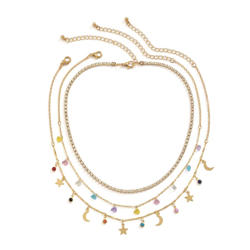 Sweet Wind Colored Love Star And Moon Pendant Necklace, Simple Diamond-Set Handmade Chain Necklace