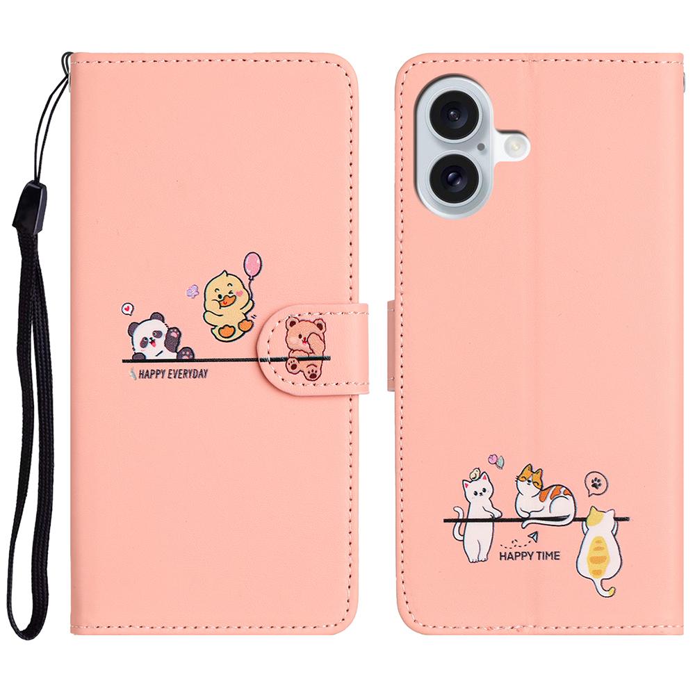 Book-style Flip Cover with Cartoon Animal Print Case For iPhone 16E 16 15 Plus 14 13 12 mini 11 Pro Max 10 XS X XR Stand Cover