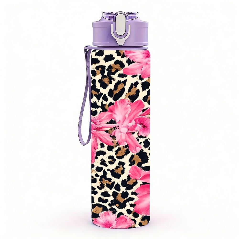 1PC Pink Floral Leopard Mixed Pattern Print 750ml Color Plastic Sports Water Bottle Leakproof Flip Straw Lid Suitable for Sports Office Home Use