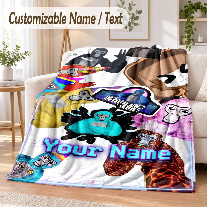 Coperta in Flanella Personalizzata con Nome Cartone Animato Gorilla Tag Morbida e Calda per Divano, Letto, Uso Interno Domestico
