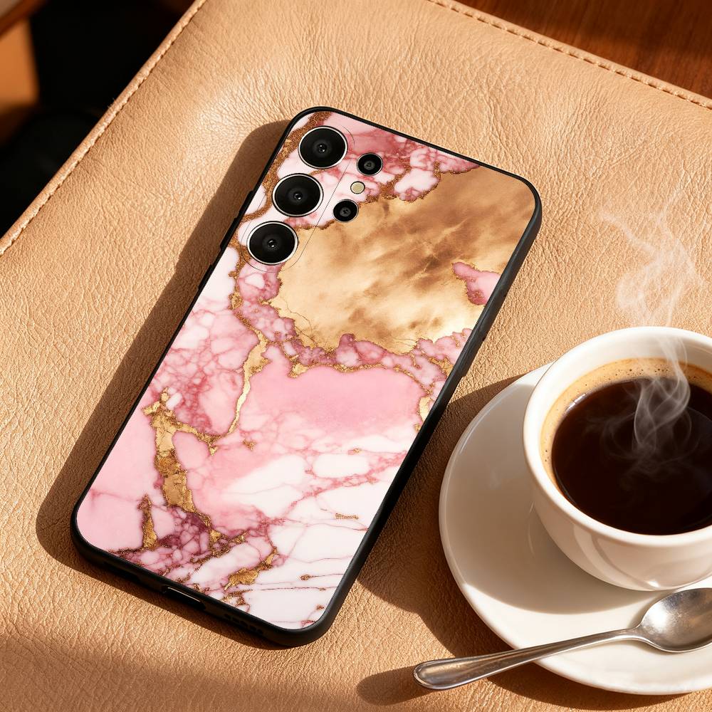 Gold Pink Geometric Marble Phone Case For Samsung S26,S25,24,23,22,30,21,10,9,Ultra,Plus,Lite,Black Soft Case