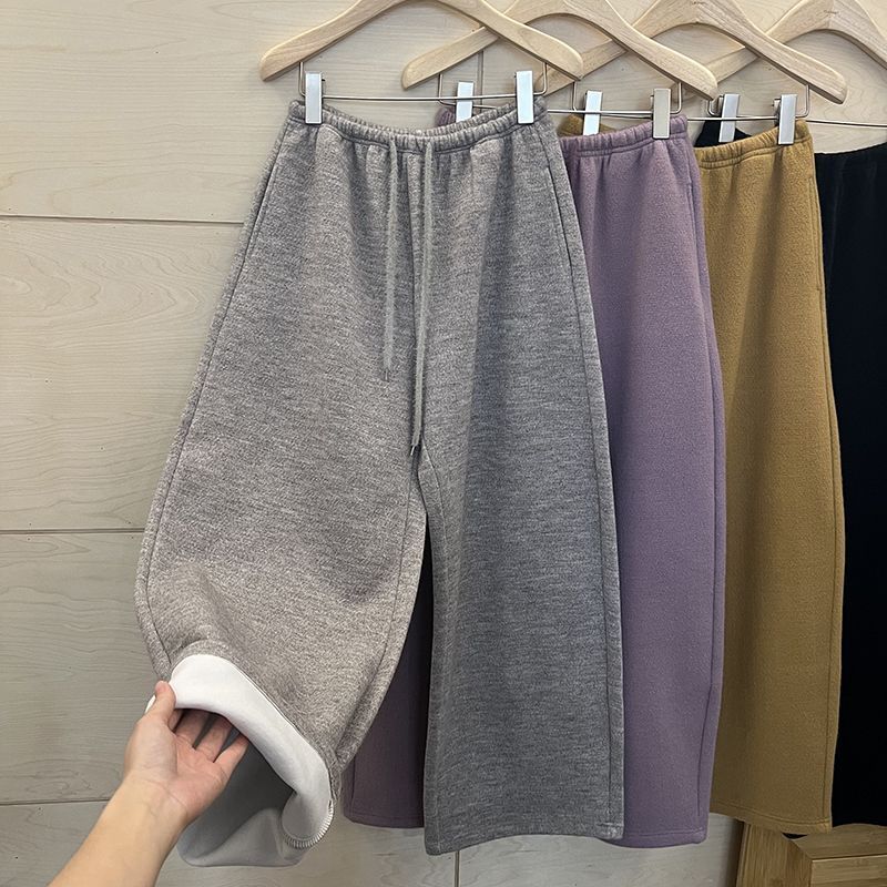 Pants for Women Plus Size Thickened Stretchy Elastic High Waist Long Trousers Solid Colour Fleece Casual Wide Leg Pants