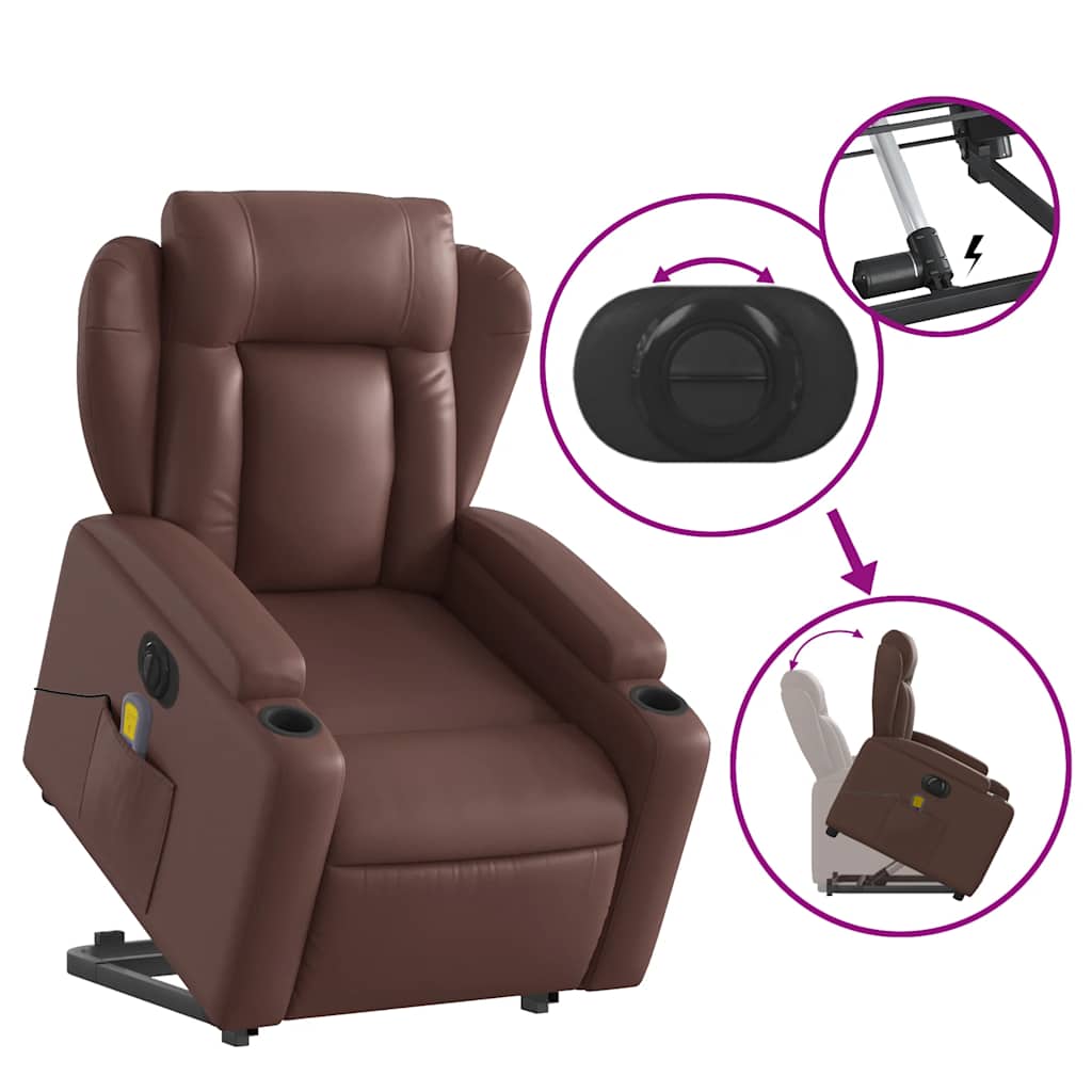 Electric Massage Recliner with Rising Function Brown Synthetic Leather