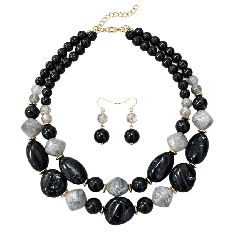 Beaded Necklace with Coordinated Drop Earrings, Double-Strand Layering, and Irregular Acrylic Beads Jewelry Set