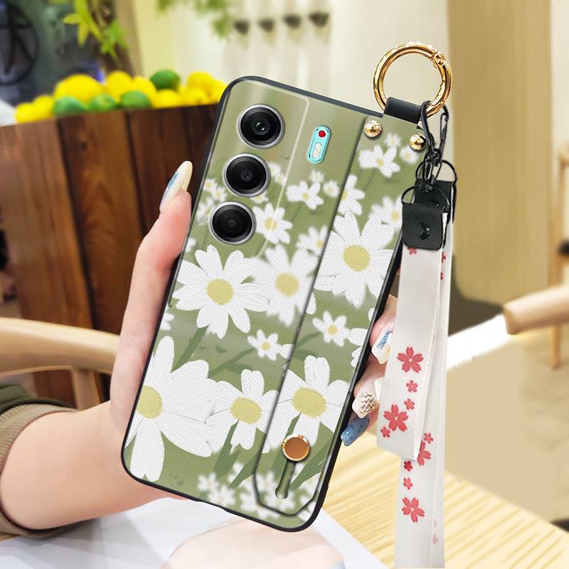 Durable Lanyard Phone Case For Tecno Camon40 Pro 4G/5G/CM6/CM7 Waterproof Back Cover Oil Painting Ring Silicone Flower