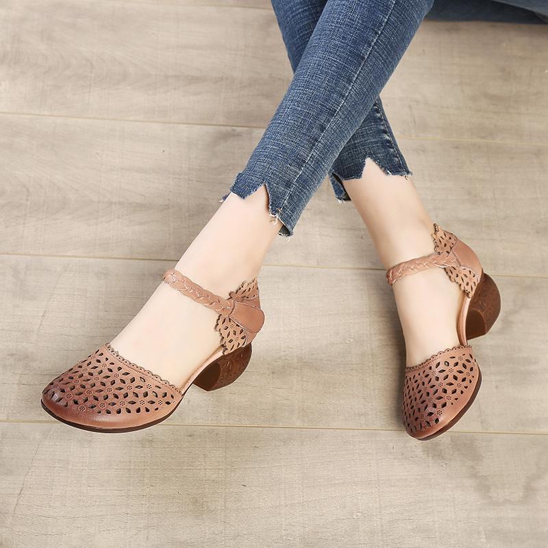 Fashion GKTINOO Genuine Leather Women Sandals Summer Shoes 5CM High Heels Retro Women Shoes 2025 Hollow Out Sandals