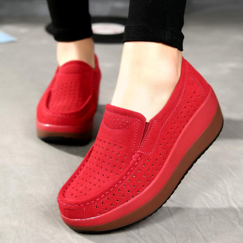 Fashion Women Wedge Heels Platform Shoes Genuine Leather Loafers Casual Walking Shoes Non-slip Mother Shoes