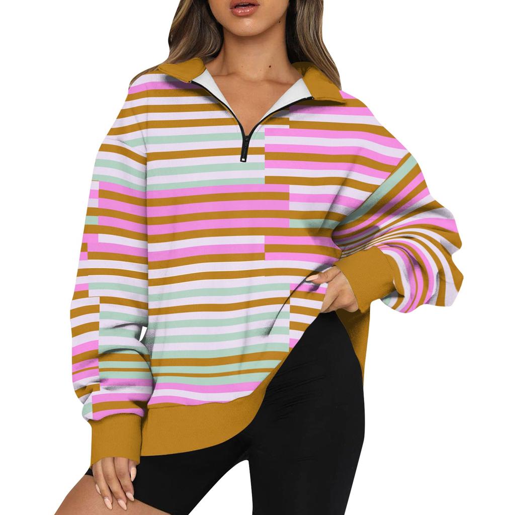 Dámská mikina Módní top mikina s dlouhým rukávem a pruhovaným potiskem do poloviny na zip