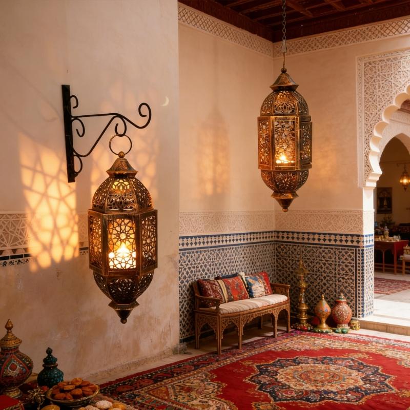 Portacandele in Ferro Battuto Marocchini Lanterna con Design Traforato da Appendere Decorazioni Regalo per Eid Ramadans