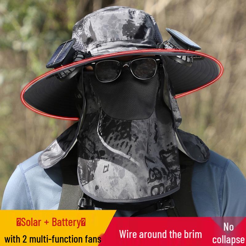 Men's Solar Rechargeable Sun Hat with Dual Fans and Face/Neck Protection for Summer Outdoor Hiking