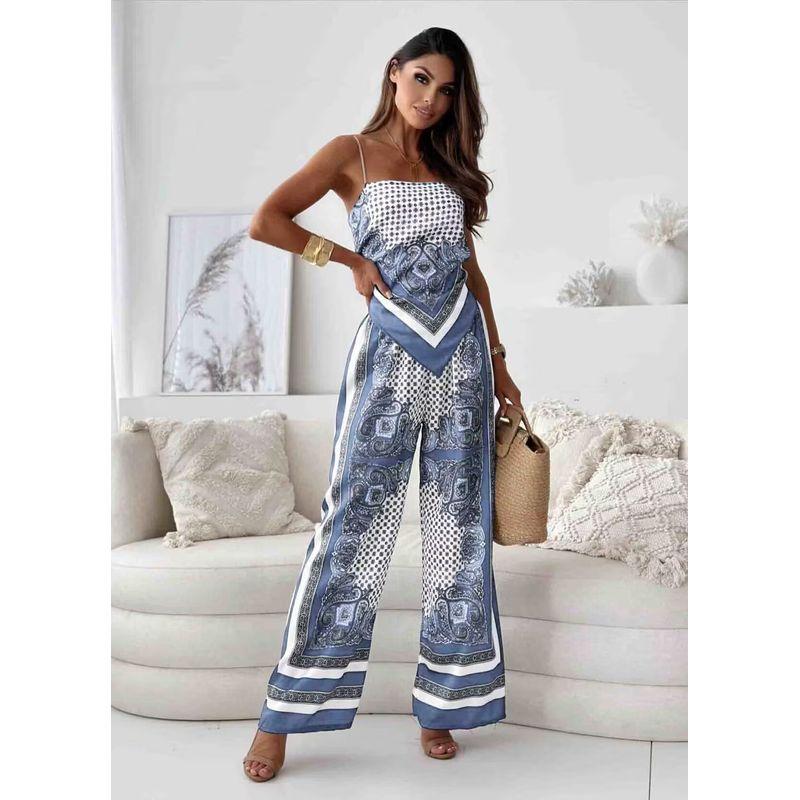 Summer European and American off-Neck Sexy Backless Print Sling Wrap-around Elastic Waist Positioning Flower Trousers Two-piece Suit Women